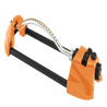 Orange oscillating sprinkler with adjustable spray pattern and brass nozzles.
