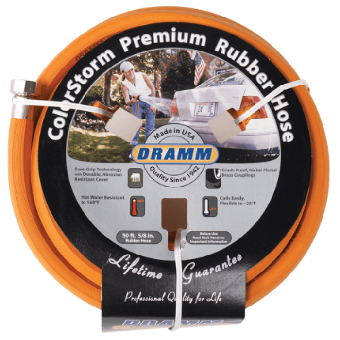 50-foot orange rubber hose, crush-proof couplings, and a lifetime guarantee.
