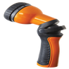 Orange and black 9-pattern spray nozzle with ergonomic grip for comfortable watering.
