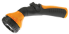 Orange and black garden sprayer nozzle with adjustable spray patterns.
