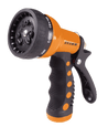 Orange and black 9-pattern spray gun with ergonomic grip, ideal for watering.
