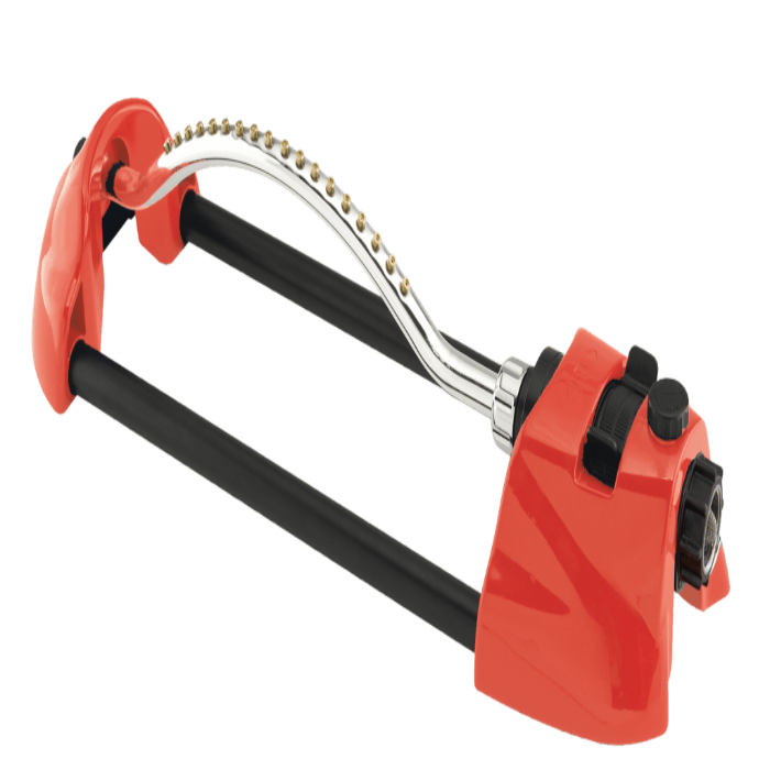 Dramm ColorStorm oscillating sprinkler, red base, adjustable spray, brass nozzles.
