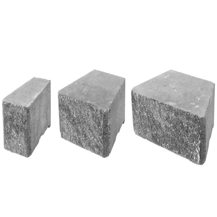 Three gray concrete retaining wall blocks, varying in size, shown against a black background.
