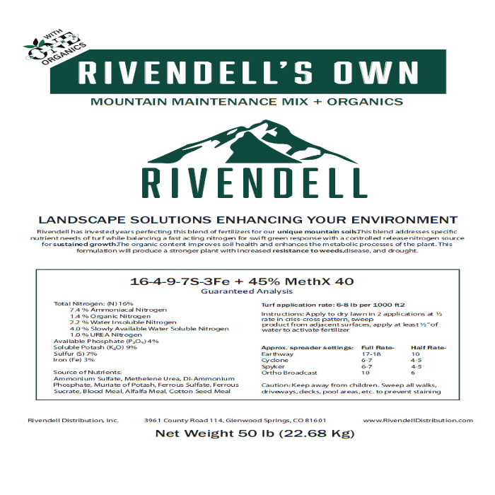 Rivendell's Own Mountain Maintenance Mix: 50lb 16-4-9-7S-3Fe + 45% MethX 40 fertilizer blend for enhanced turf growth & disease resistance.
