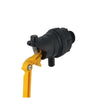 Black plastic 3/4" autofill valve with yellow lever, close-up view.
