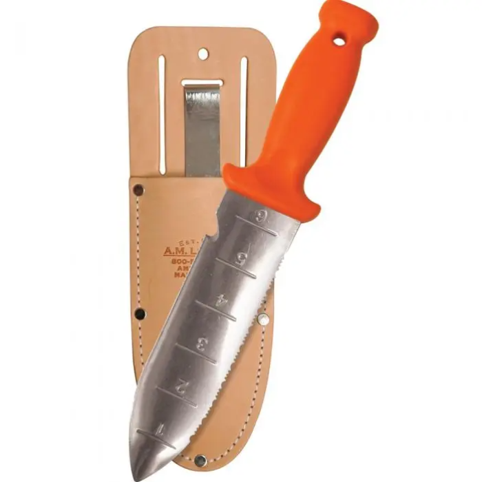 AM Leonard Deluxe Soil Knife - Original:  Orange-handled stainless steel soil knife with leather sheath, features depth markings for precise planting.
