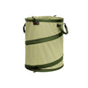 Tan fabric collapsible yard waste container with green accents and side handles.
