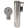 Stainless steel mole trap with a hinged access door, shown with its access key.
