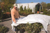 Person placing lightweight white frost protection fabric over plants outdoors.
