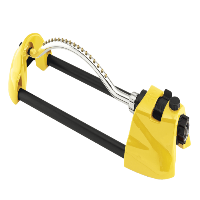 Yellow oscillating sprinkler with adjustable spray and brass nozzles.
