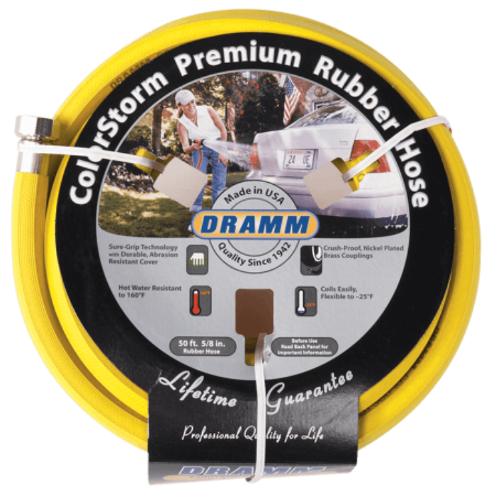 50-foot yellow rubber hose, shown coiled with features highlighting durability and cold-weather flexibility.

