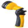 Yellow and black 9-pattern adjustable spray nozzle for watering gardens.
