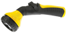 Yellow and black plastic garden nozzle with adjustable spray settings.
