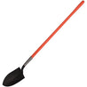Round-point shovel with an orange composite handle, perfect for digging.
