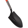 Black round-point shovel with orange and steel handle, isolated on white.
