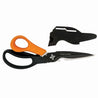 Black and orange garden shears with a built-in bottle opener, shown with protective sheath.
