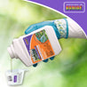 Gloved hand pouring plant fungicide concentrate into measuring cup outdoors.
