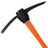 Close-up of pick mattock's head and orange composite handle.
