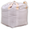 Large white fabric bag of river rock with tan straps.
