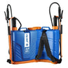 Jacto XP 12L 3-Gallon Backpack Sprayer: Blue, orange, and black, with adjustable straps for comfortable carrying.
